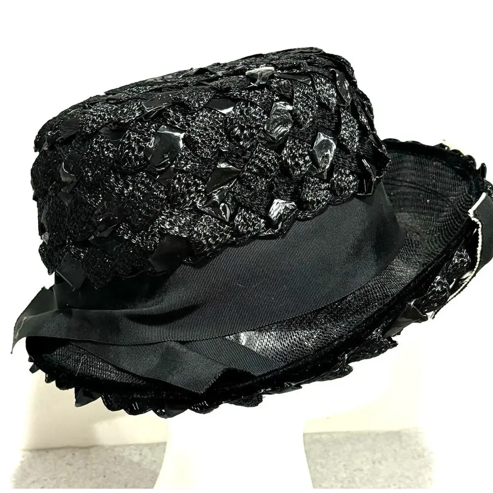 Ladies black straw fedora hat woven white hatband trim bow dressy mid century